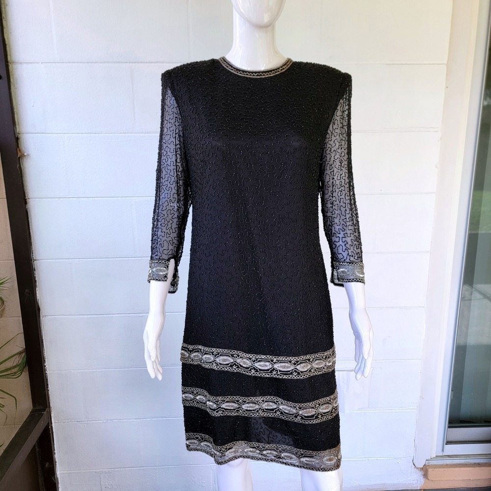 Brilliante by J.A. Beaded Silk Dress Black Women's L Vintage 80s Art Deco Glam